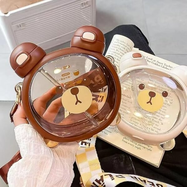 Kawaii Water Bottle with Straw Double Drinking 25oz Cute Bear Portable Leakproof Drink Bottle Adjustable Shoulder Strap for School Office Travel